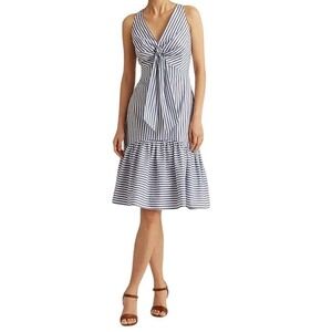 Lauren Ralph Lauren Striped Fit & Flare Dress  Size 8 Navy White Bow‎ Tie  NWT